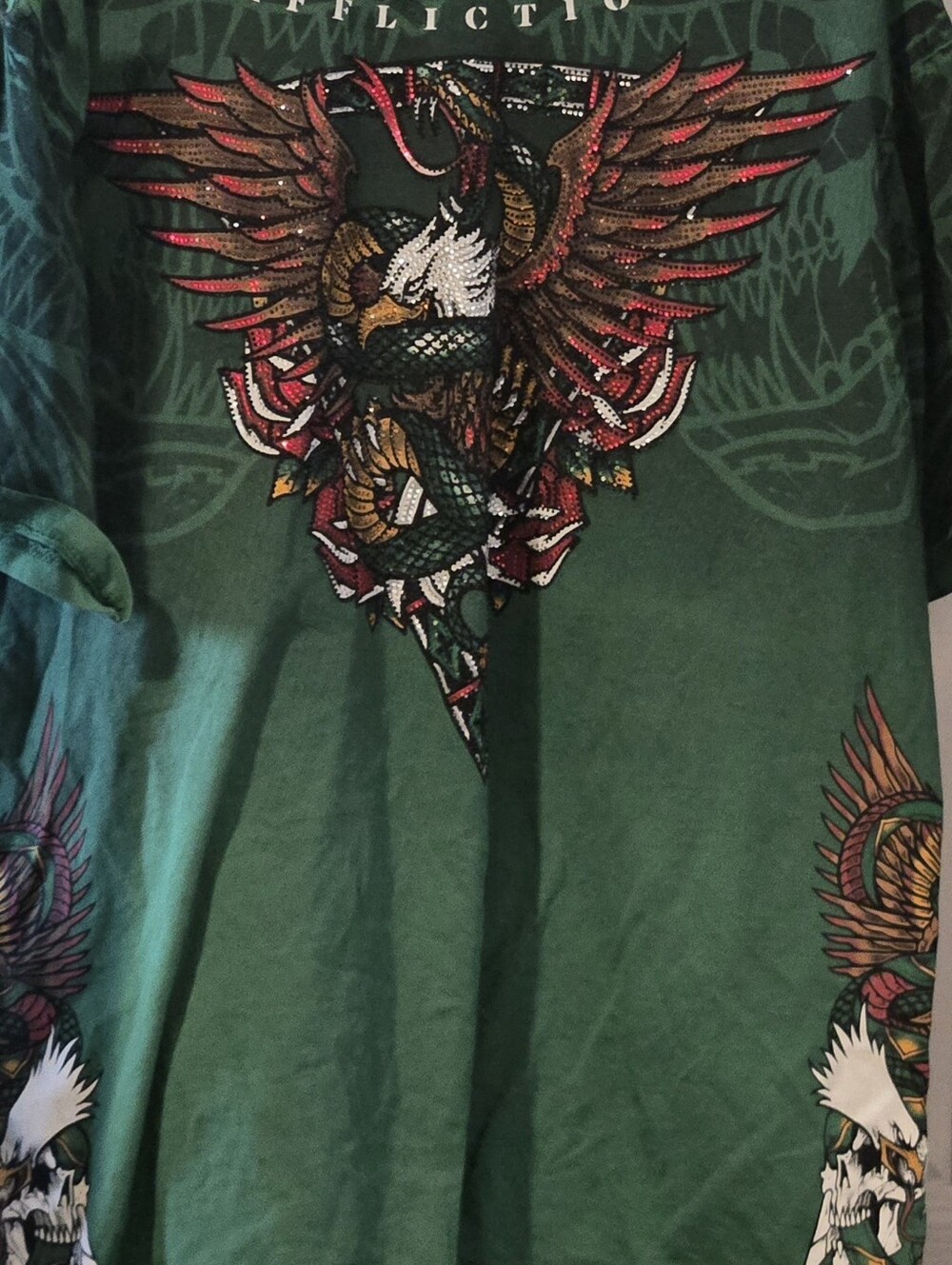 Affliction Green Short Sleeve Tee with Eagle, Snake & Skull Graphic